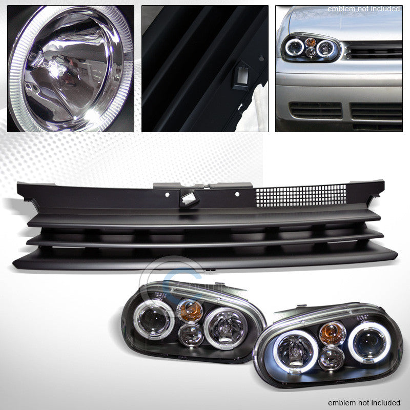 BLK HALO PROJECTOR HEAD LIGHTS+MATTE HORIZONTAL GRILL GRILLE 1999-2006 GOLF MK4