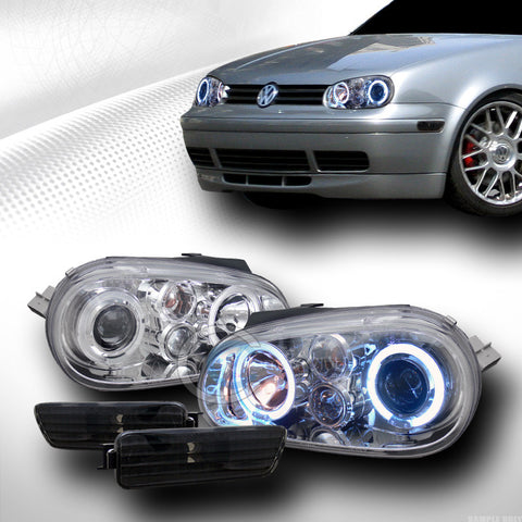 CHROME HALO PROJECTOR HEAD LIGHTS+DEPO BUMPER SIDE MARKER BLK 1999-2005 GOLF MK4