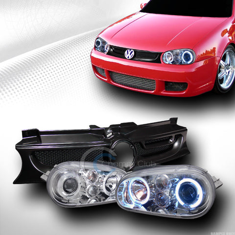 CHROME HALO PROJECTOR HEAD LIGHT+MESH HOOD GRILL GRILLE A 1999-2005 GOLF GTI MK4