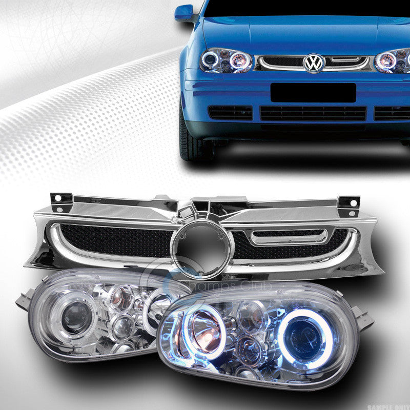 CHROME HALO PROJECTOR HEAD LIGHTS W/AL MESH HOOD GRILL GRILLE 1999-2005 GOLF MK4