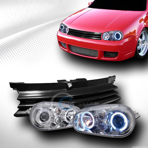 CHROME HALO PROJECTOR HEAD LIGHTS+FRONT HOOD GRILL GRILLE ABS 1999-2005 GOLF MK4