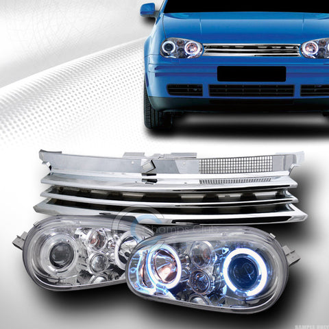 CHROME HALO PROJECTOR HEAD LIGHT W/HORIZONTAL GRILL GRILLE 1999-2005 VW GOLF MK4