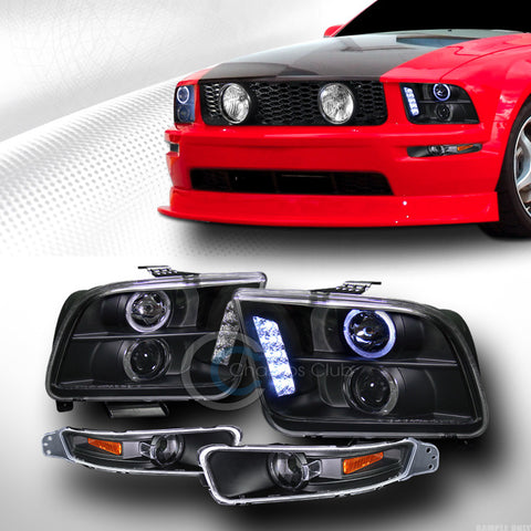 BLACK HALO DRL LED PROJECTOR HEAD LIGHTS W/SIGNAL BUMPER AM JY 2005-2009 MUSTANG