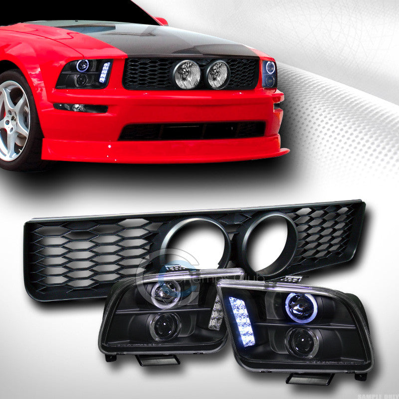 BLK HALO LED PROJECTOR HEADLIGHTS+HC MESH GRILL GRILLE FOG HOLE 2005+ MUSTANG GT