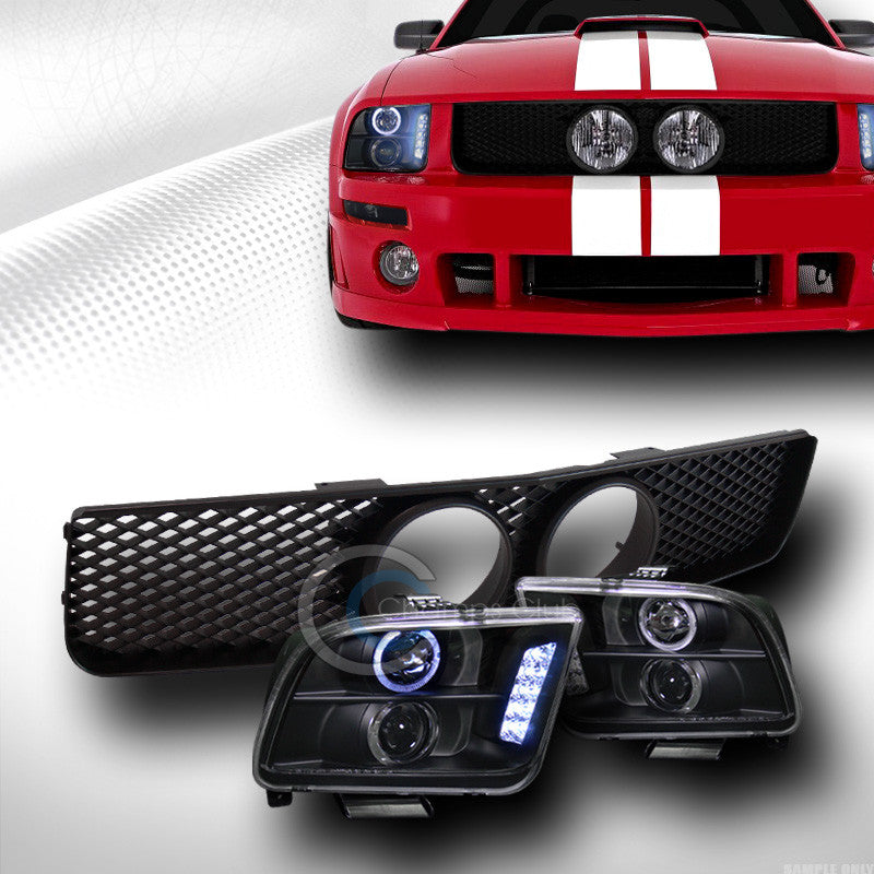BLK HALO LED PROJECTOR HEAD LIGHTS W/MESH GRILL GRILLE FOG 2005-2009 MUSTANG GT