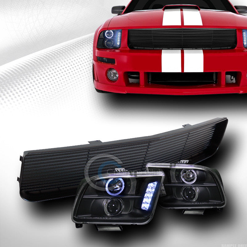 BLK HALO DRL LED PROJECTOR HEAD LIGHTS+FRONT GRILL GRILLE H 2005-2009 MUSTANG V6