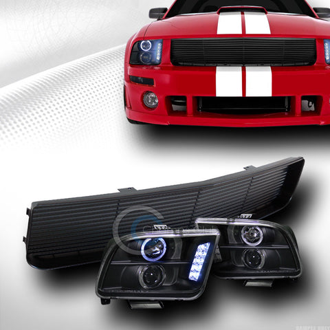 BLK HALO DRL LED PROJECTOR HEAD LIGHTS+FRONT GRILL GRILLE H 2005-2009 MUSTANG V6