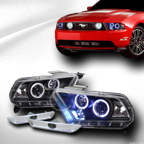 BLACK HALO LED PROJECTOR HEAD LIGHTS+FRONT BUMPER SIGNAL CLEAR 2010-2014 MUSTANG
