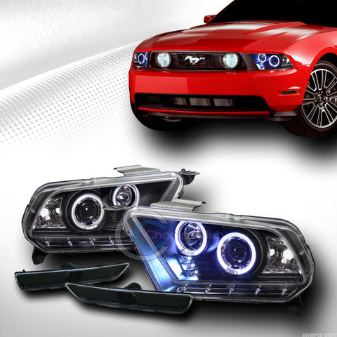 BLACK HALO LED PROJECTOR HEAD LIGHTS+FRONT BUMPER SIGNAL LAMPS 2010-2014 MUSTANG