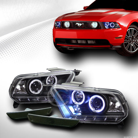 BLACK HALO LED PROJECTOR HEAD LIGHTS+FRONT BUMPER SIGNAL SMOKE 2010-2014 MUSTANG
