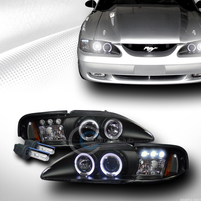 6000K HID XENON W/BLACK LED HALO PROJECTOR HEAD LIGHTS SIGNAL 1994-1998 MUSTANG