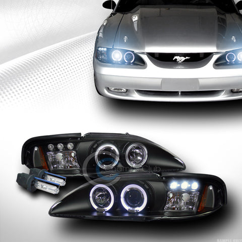 8000K HID XENON W/BLACK LED HALO PROJECTOR HEAD LIGHTS SIGNAL 1994-1998 MUSTANG