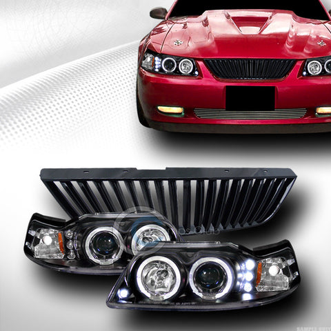 BLACK HALO LED PROJECTOR HEAD LIGHTS SIGNAL+FRONT GRILL GRILLE 1999-2004 MUSTANG