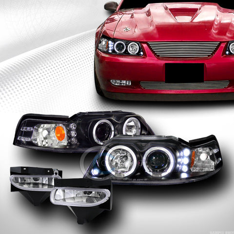 BLK DRL LED HALO PROJECTOR HEAD LIGHT SIGNAL A JY+FOG CLEAR PT 1999-2004 MUSTANG