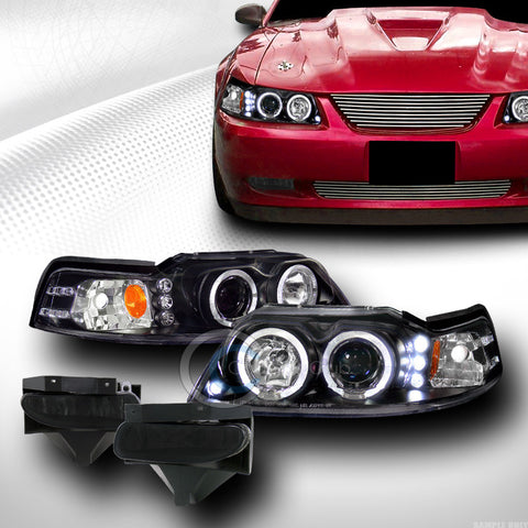 BLK DRL LED HALO PROJECTOR HEAD LIGHT SIGNAL A JY+FOG SMOKE PT 1999-2004 MUSTANG