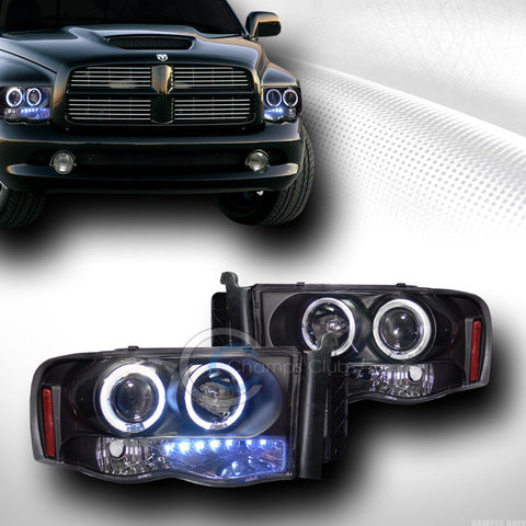 BLACK DRL LED 2*HALO RIMS PROJECTOR HEAD LIGHTS LAMPS SIGNAL 2002-2005 DODGE RAM