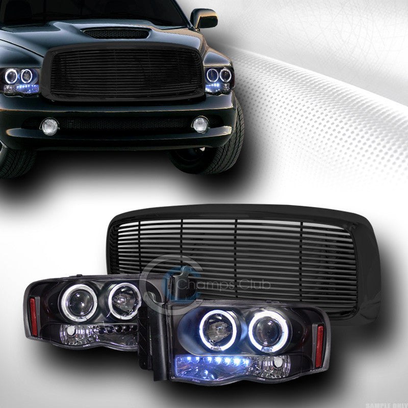 BLK HALO LED PROJECTOR HEAD LIGHT SIGNAL+FRONT HOOD GRILL GRILLE H 2002-2005 RAM
