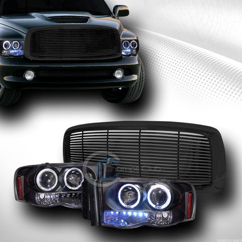 BLK HALO LED PROJECTOR HEAD LIGHT SIGNAL+FRONT HOOD GRILL GRILLE H 2002-2005 RAM