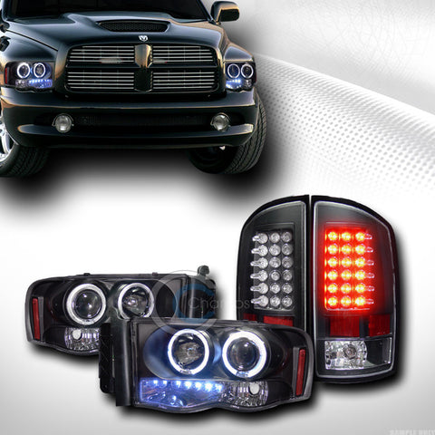 BLK HALO PROJECTOR HEAD LIGHTS SIGNAL W/LED TAIL LAMPS REAR 2002-2005 DODGE RAM