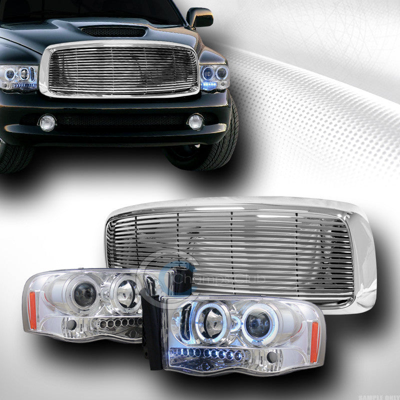 CHROME HALO LED PROJECTOR HEAD LIGHTS SIGNAL W/HOOD GRILL GRILLE H 2002-2005 RAM