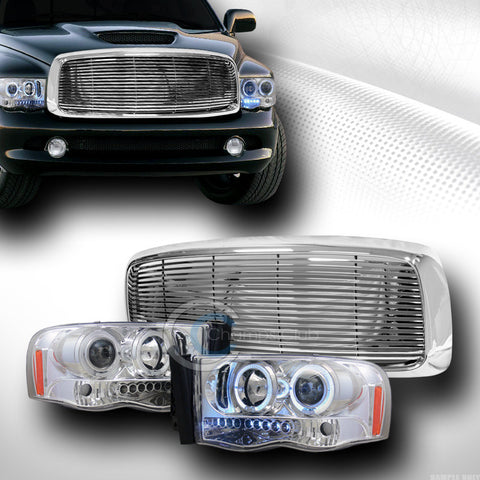 CHROME HALO LED PROJECTOR HEAD LIGHTS SIGNAL W/HOOD GRILL GRILLE H 2002-2005 RAM