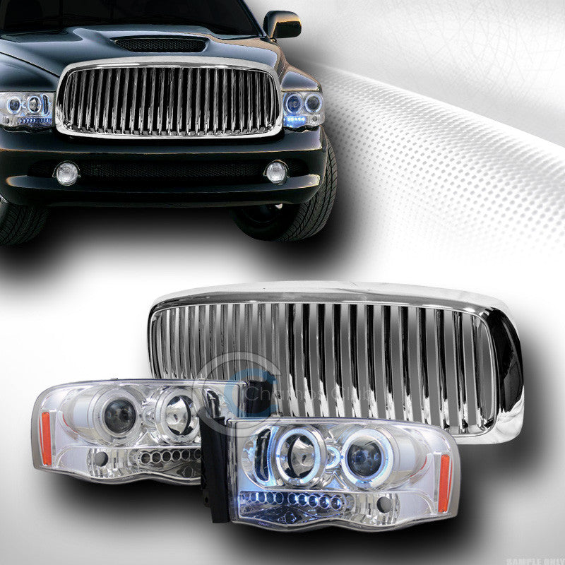 CHROME HALO LED PROJECTOR HEAD LIGHTS+FRONT VERTICAL GRILL GRILLE 2002-2005 RAM