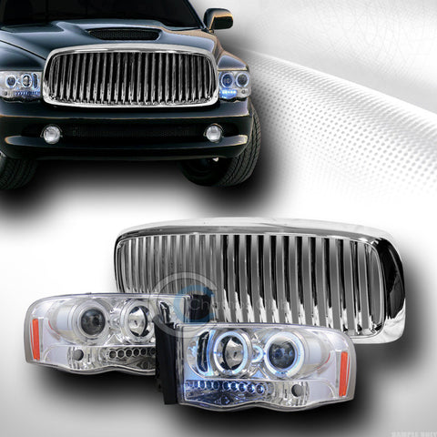 CHROME HALO LED PROJECTOR HEAD LIGHTS+FRONT VERTICAL GRILL GRILLE 2002-2005 RAM