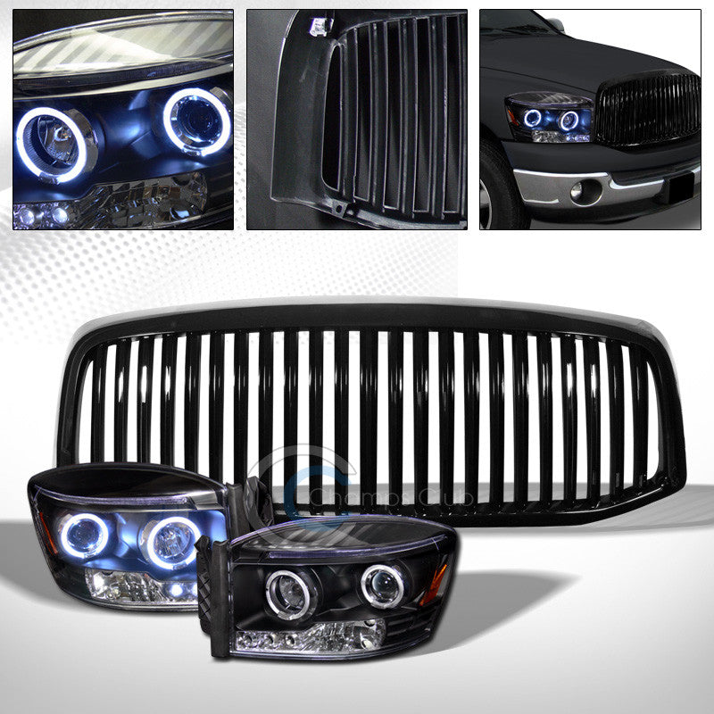 BLK HALO DRL LED PROJECTOR HEAD LIGHTS SIGNAL+HOOD GRILL GRILLE V 2006-2009 RAM