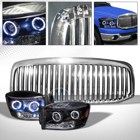BLACK HALO LED PROJECTOR HEAD LIGHTS AM JY+CHROME VERTICAL GRILLE 2006-2009 RAM