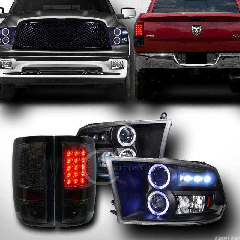 BLACK DRL HALO PROJECTOR HEAD LIGHTS SIGNAL+LED TAIL LAMPS SMOKE 2009+ DODGE RAM