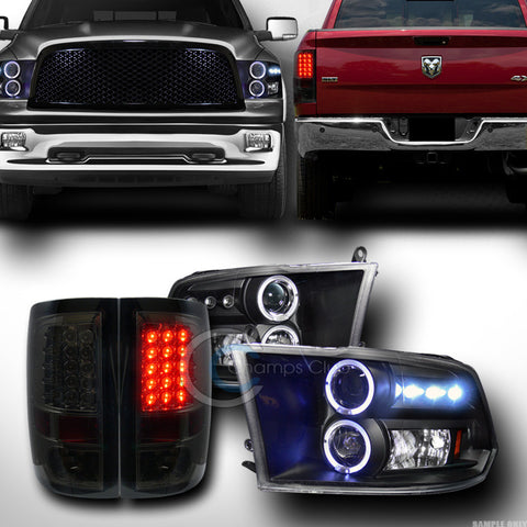 BLACK DRL HALO PROJECTOR HEAD LIGHTS SIGNAL+LED TAIL LAMPS SMOKE 2009+ DODGE RAM