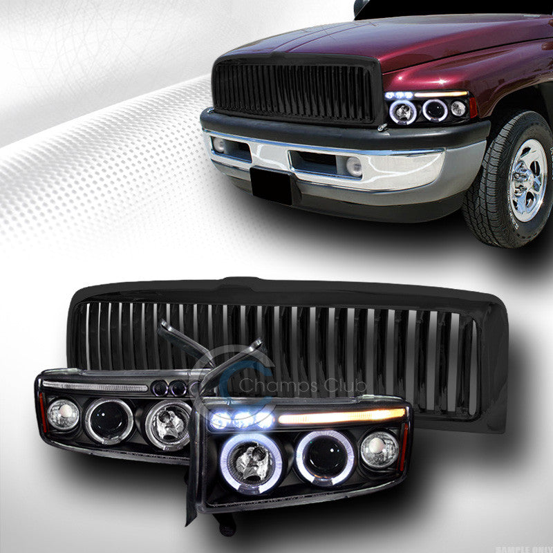 BLK HALO DRL LED PROJECTOR HEAD LIGHTS SIGNAL+FRONT GRILL GRILLE V 1994-2001 RAM