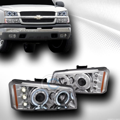 CHROME DRL LED DUAL HALO RIMS PROJECTOR HEAD LIGHTS LAMPS 03-06 CHEVY SILVERADO