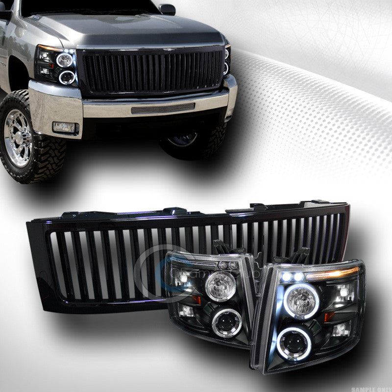 BLACK HALO DRL LED PROJECTOR HEAD LIGHTS+HOOD GRILL GRILLE V 2007-2013 SILVERADO