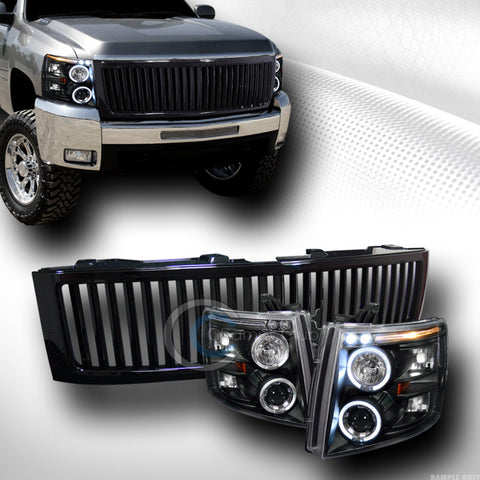 BLACK HALO DRL LED PROJECTOR HEAD LIGHTS+HOOD GRILL GRILLE V 2007-2013 SILVERADO
