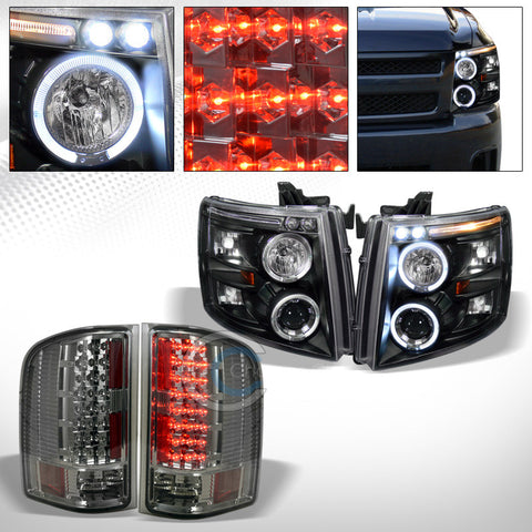 BLK HALO PROJECTOR HEAD LIGHTS SIGNAL AM+LED TAIL LAMPS SMOKE AW 2007+ SILVERADO