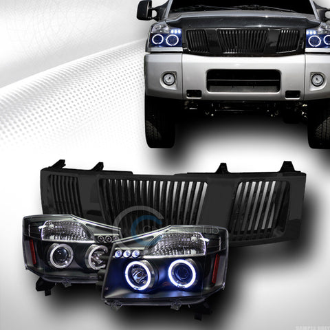 BLACK HALO LED PROJECTOR HEAD LIGHTS SIGNAL+GRILL GRILLE FOR 2004+ TITAN/ARMADA