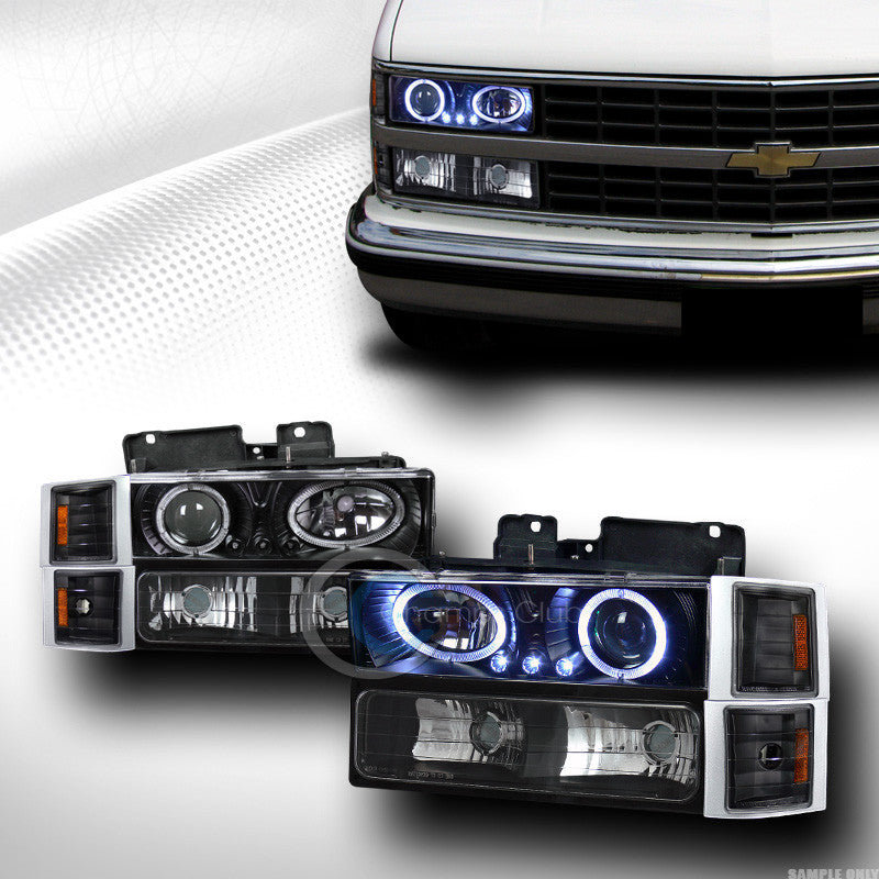 BLK LED HALO PROJECTOR HEAD LIGHT+SIGNAL BUMPER+CORNER AMBER 94-00 CHEVY C10 C/K