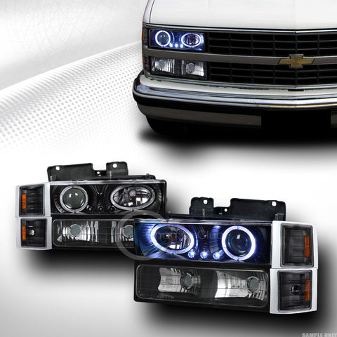 BLK LED HALO PROJECTOR HEAD LIGHT+SIGNAL BUMPER+CORNER AMBER 94-00 CHEVY C10 C/K