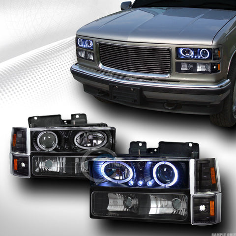 BLK LED HALO PROJECTOR HEAD LIGHTS+SIGNAL BUMPER+CORNER AMBER 94-00 GMC C10 C/K