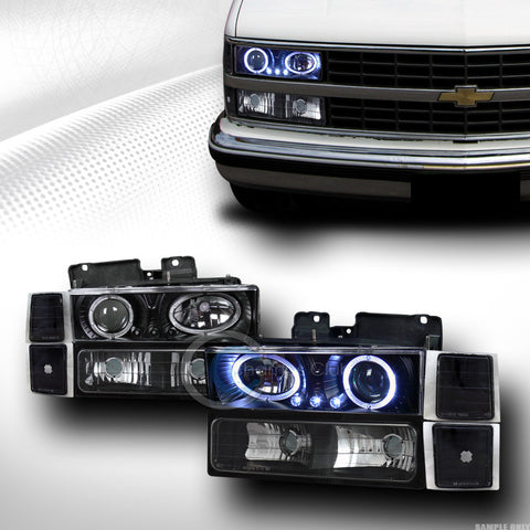 BLK LED HALO PROJECTOR HEAD LIGHTS+SIGNAL BUMPER+CORNER LAMP 94-00 CHEVY C10 C/K