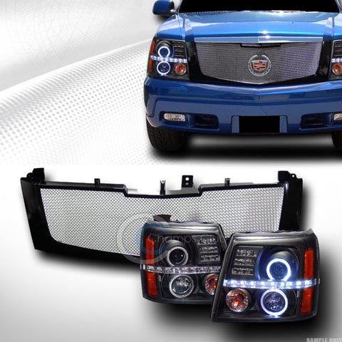 BLK DRL HALO LED PROJECTOR HEAD LIGHTS+ALUMINUM MESH GRILL GRILLE 02-06 ESCALADE