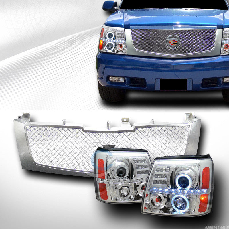 CHROME HALO LED PROJECTOR HEAD LIGHTS+ALUMINUM MESH GRILL GRILLE SL 02+ ESCALADE