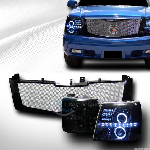 SILVER HALO LED PROJECTOR HEAD LIGHT+ALUMINUM MESH GRILL GRILLE BLK 02+ ESCALADE