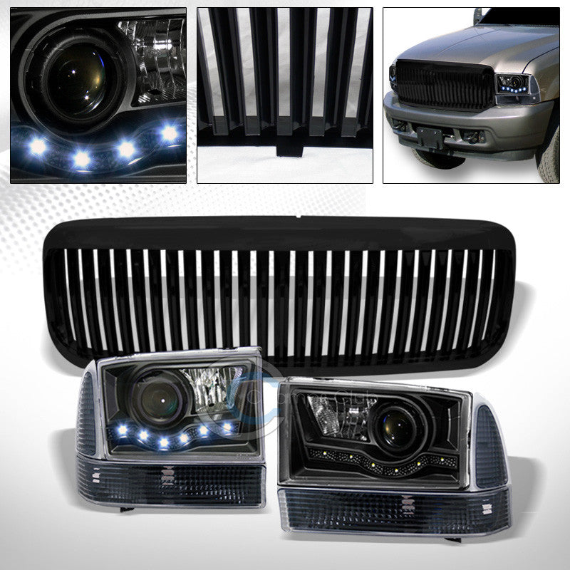 BLK LED PROJECTOR HEAD LIGHTS+SIGNAL CORNER+VERTICAL GRILLE 99-04 F250/EXCURSION