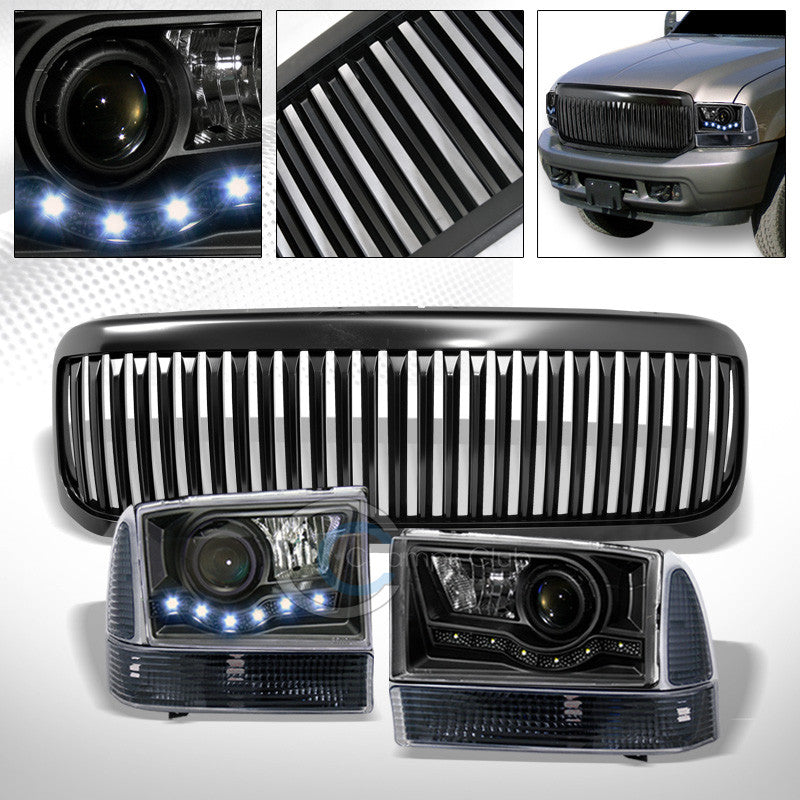 BLACK LED PROJECTOR HEAD LIGHTS+CORNER+MATTE VERTICAL GRILL 99-04 F250/EXCURSION