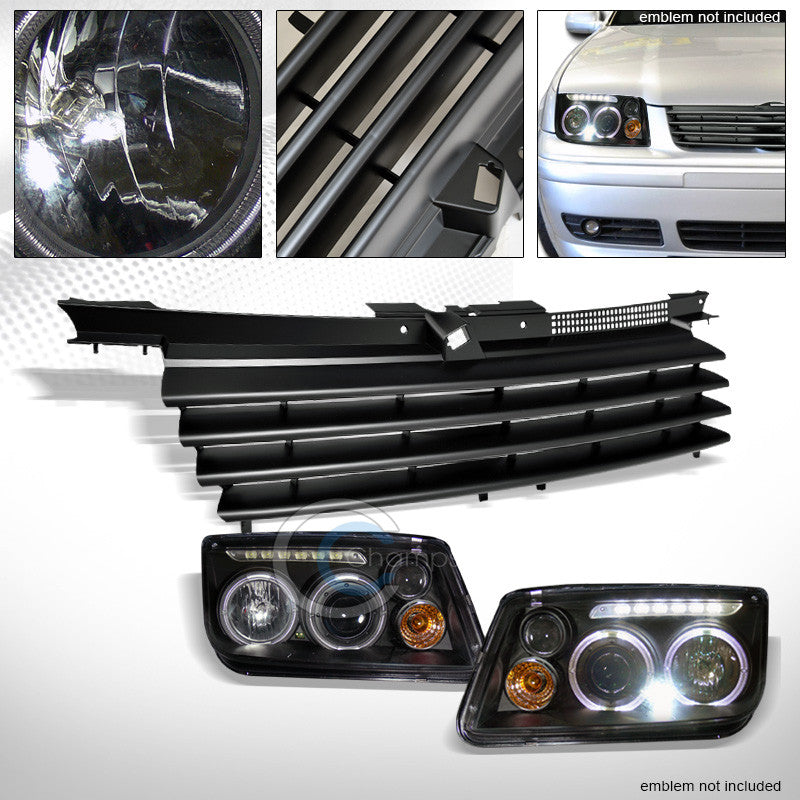 BLK HALO LED PROJECTOR HEAD LIGHTS LAMPS+FOG+MATTE GRILL GRILLE 99-05 JETTA MK4