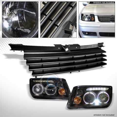 BLK HALO LED PROJECTOR HEAD LIGHTS LAMPS+FOG+MATTE GRILL GRILLE 99-05 JETTA MK4
