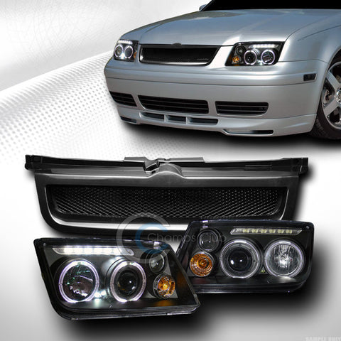 BLK LED HALO PROJECTOR HEAD LIGHTS SIGNAL+FOG+MESH GRILL GRILLE 99-05 JETTA/MK4