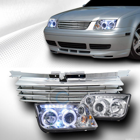 CHROME HALO LED PROJECTOR HEAD LIGHTS FOG+HORIZONTAL GRILL GRILLE 99+ JETTA MK4